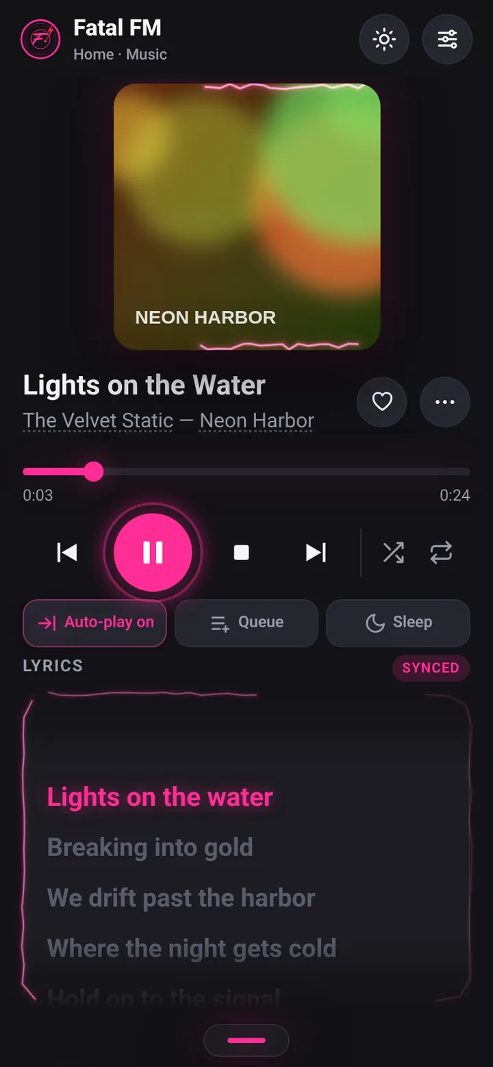 Now Playing: album art with neon arcs, tappable artist and album, and synced lyrics in a glowing box