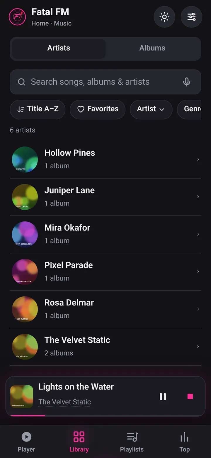 Library artist list with a search bar and the voice-search mic