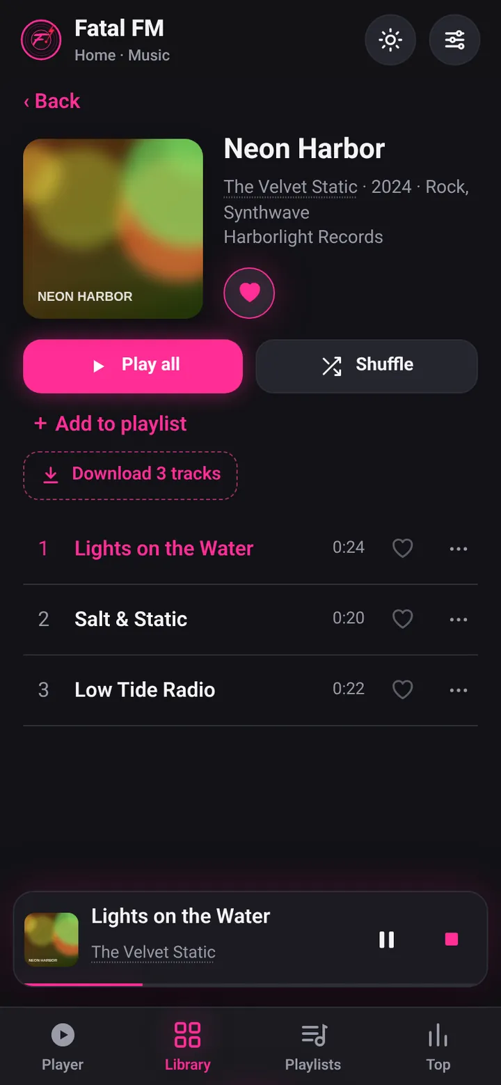 Album page with cover, Play all, Shuffle, Download and the track list