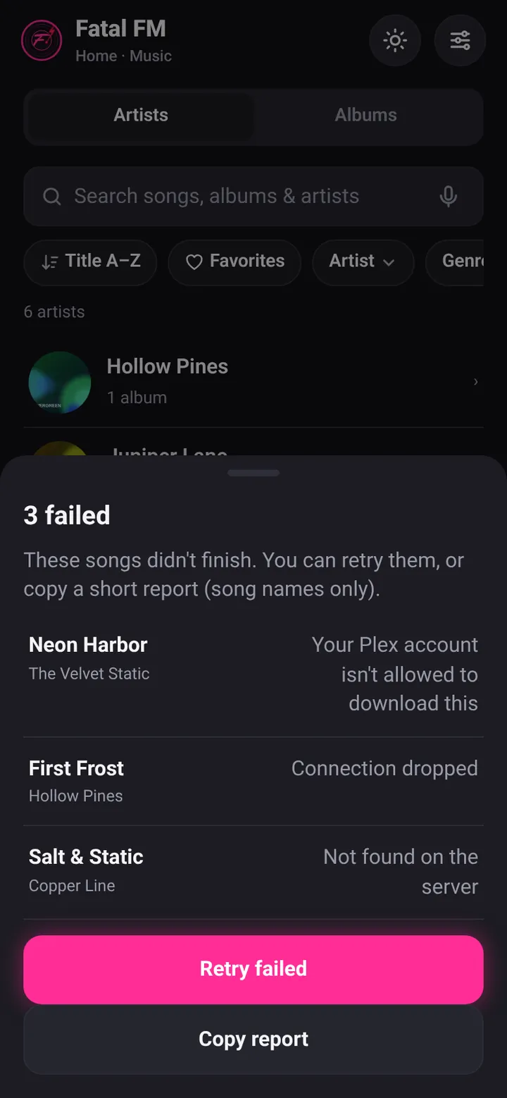 Failed downloads sheet listing each song with a plain-English reason, plus Retry failed and Copy report