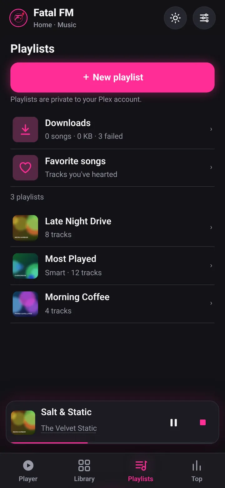 Playlists screen with New playlist, Downloads, Favorite songs and playlists