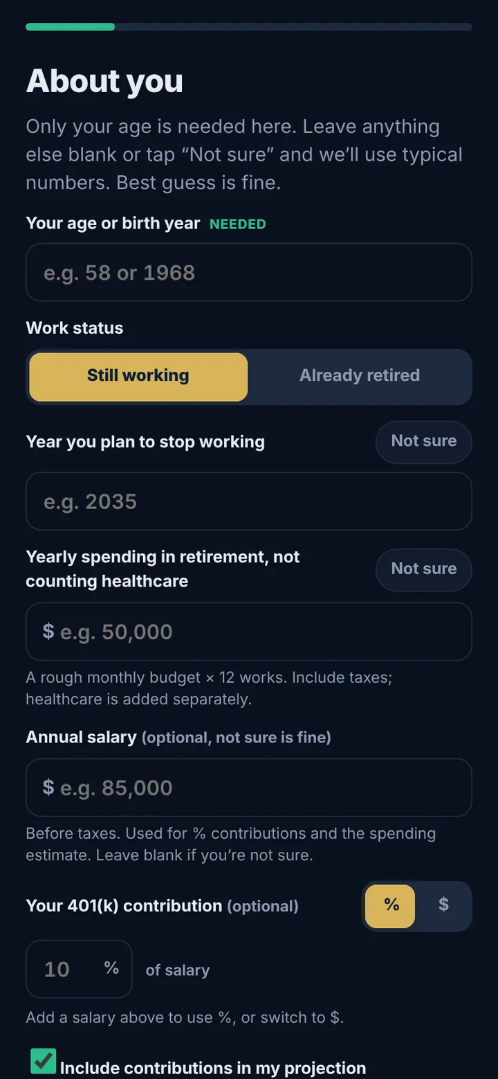 About you screen on first run: only your age is needed, the other fields are empty