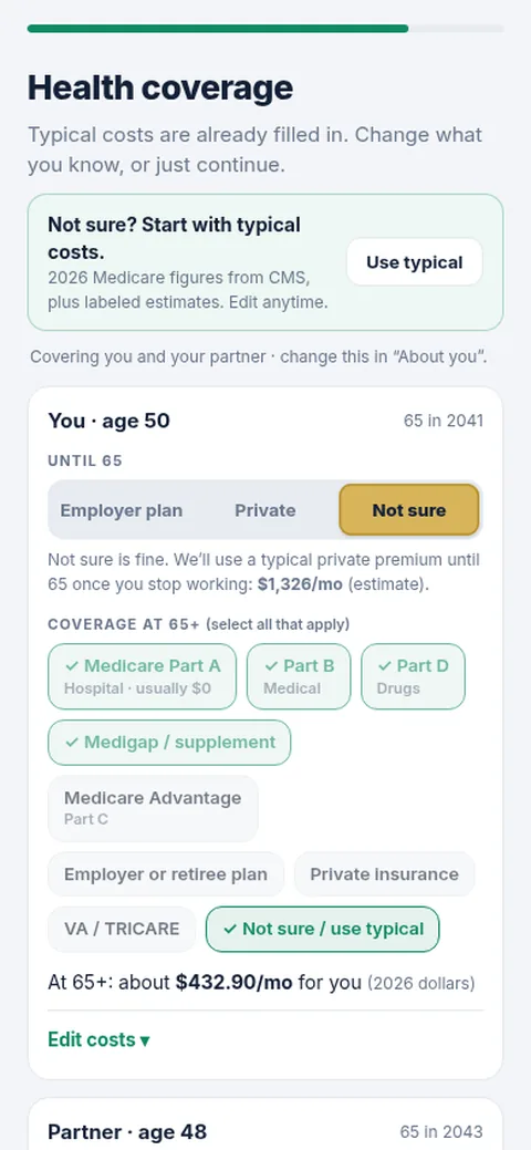 Health coverage: typical costs filled in, including Medicare