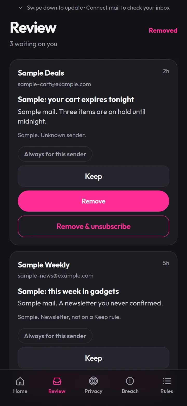 Review tab with Keep, Remove and Remove & unsubscribe on each unsure message