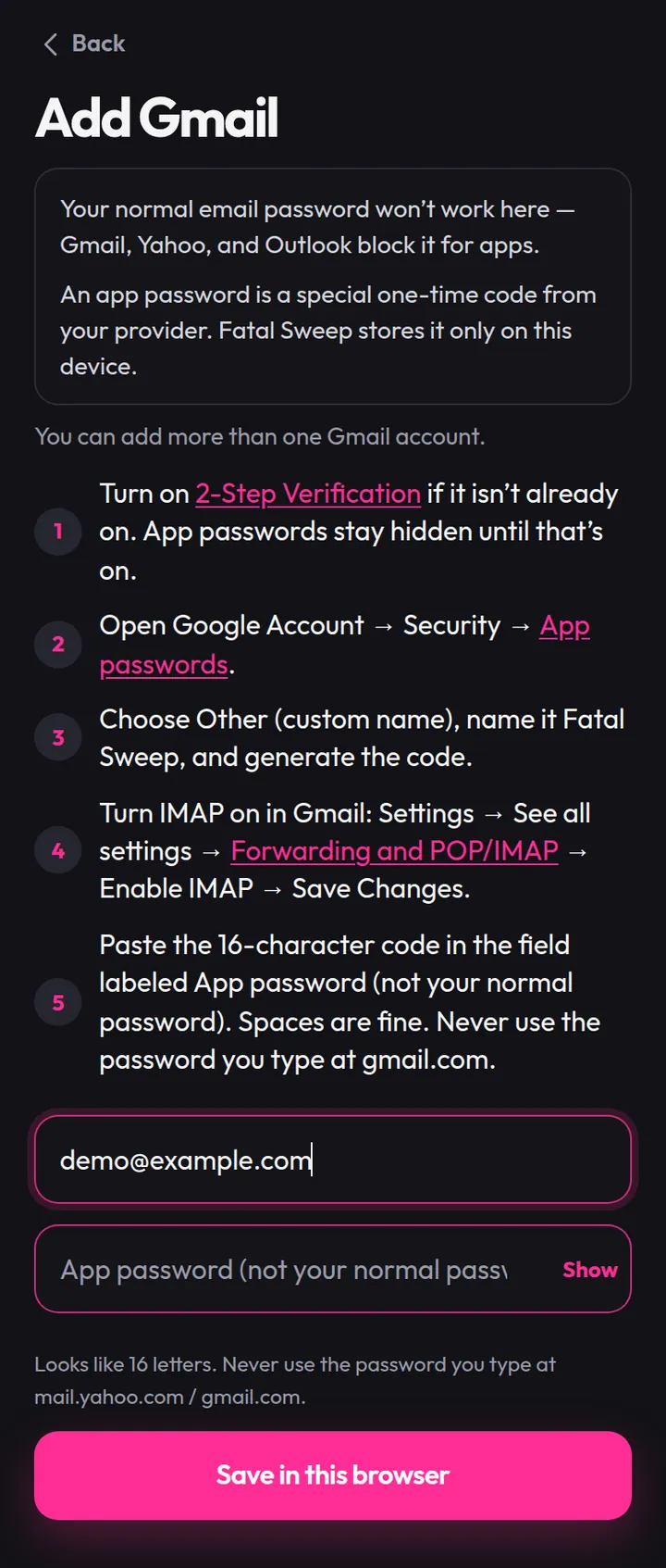 Fatal Sweep Add Gmail screen with the Email and App password fields