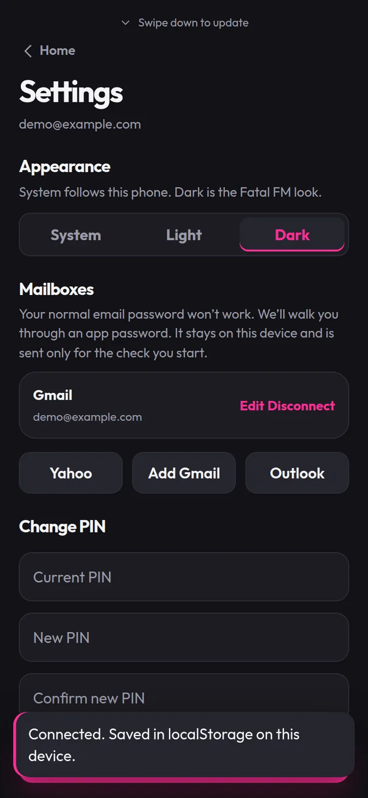 Fatal Sweep Settings showing the connected mailbox