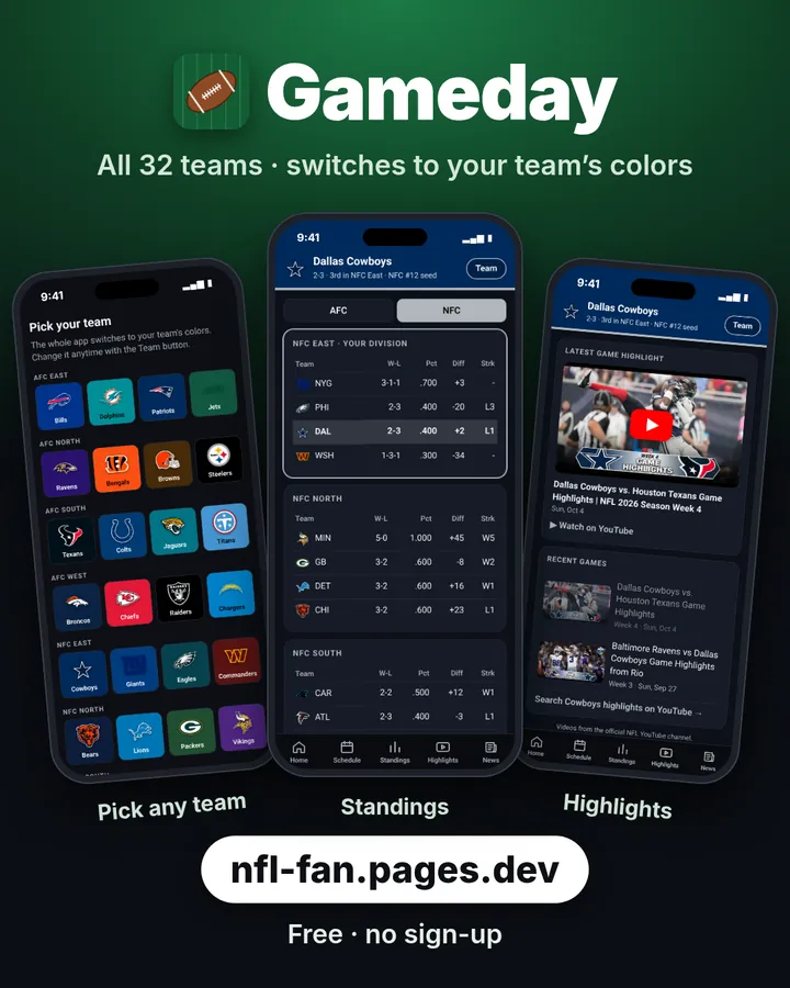 Gameday collage: pick any of the 32 teams, standings, highlights