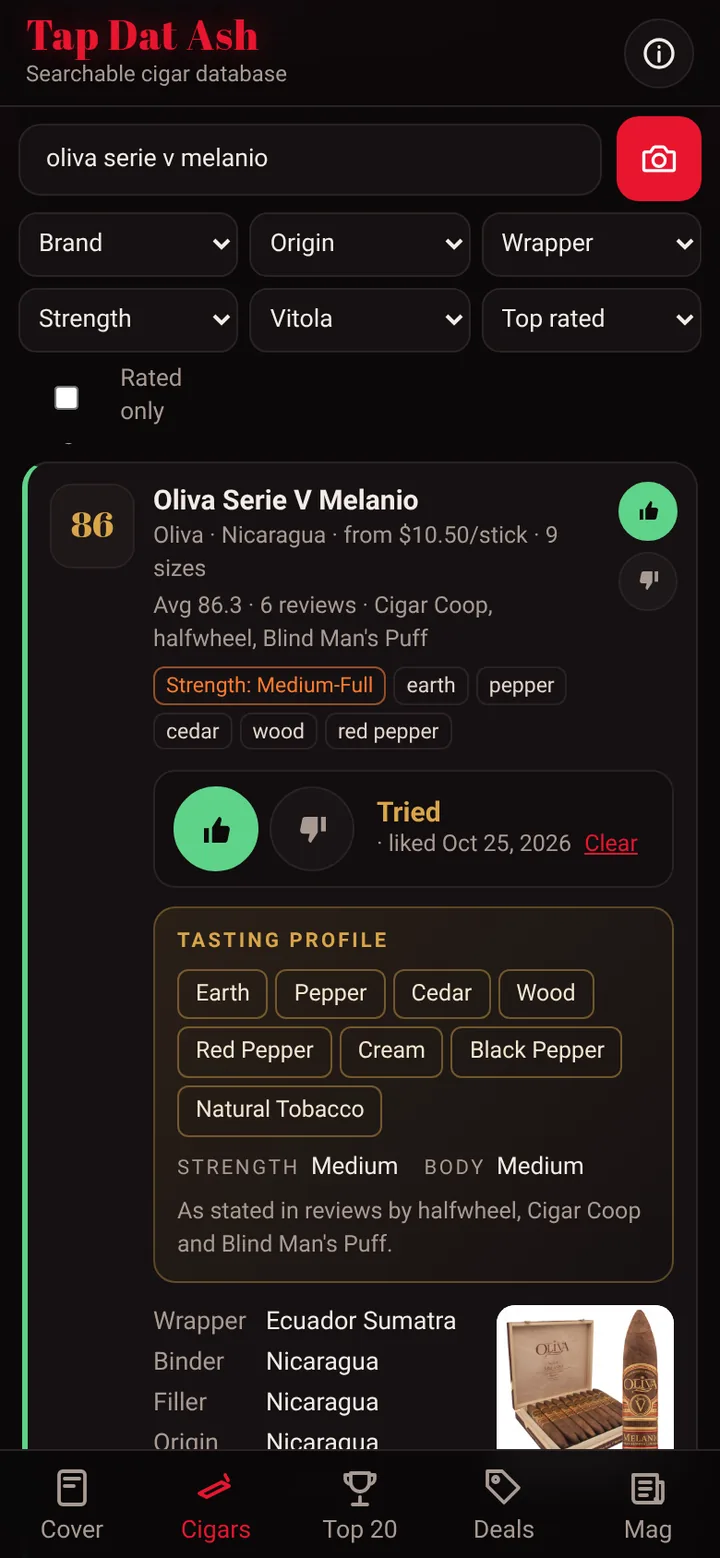 A cigar detail: Liked and Tried, the tasting profile with flavor tags, strength and body, wrapper, binder, filler, origin and sizes