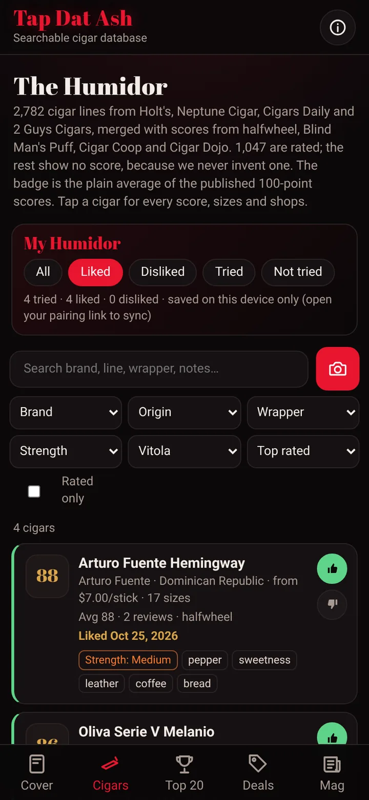My Humidor filter showing liked cigars with dates