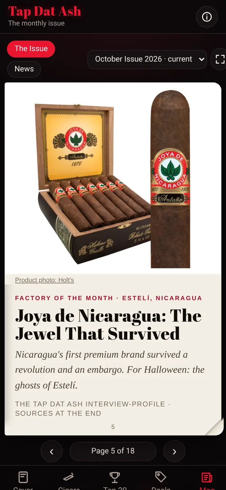 Magazine page: Factory of the Month, Joya de Nicaragua, with a retailer product photo
