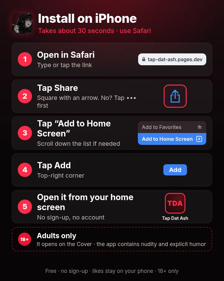 Install Tap Dat Ash on iPhone, step by step: Safari, Share, Add to Home Screen, Add, then open it from the home screen